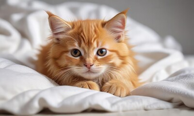 Fluffy orange kitten curled up on a soft and plush white blanket, plush, white