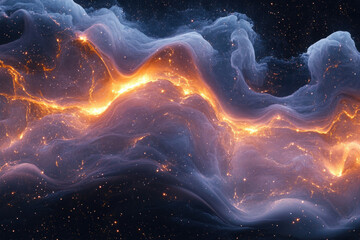 Abstract cosmic landscape with swirling nebulae, glowing energy, and scattered stars.