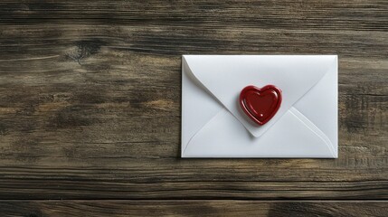 A classic white love letter envelope with a small red heart-shaped wax seal in the center, sitting on a soft wooden surface, cutout on a transparent (PNG) background
