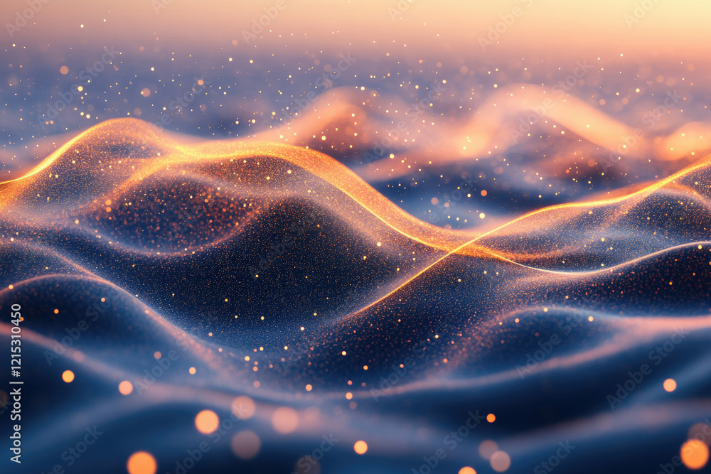 Poster Abstract digital landscape with glowing particles forming wavy lines and patterns.