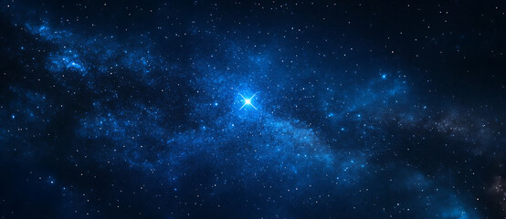 Naklejka premium Starry sky with a bright star in the center, deep blue color background with small stars. 