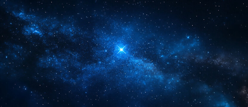Fototapeta Starry sky with a bright star in the center, deep blue color background with small stars. 
