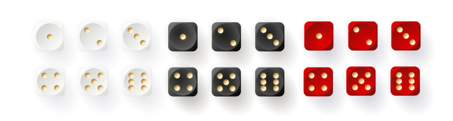 Dice game with cubes vector illustration. Cubes gambling objects to play in casino, dice from one to six dots and rounded edges