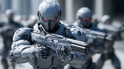 Fototapeta premium Futuristic armored figures holding guns on patrol with red eyes reflecting danger