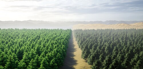A forest edge merging with a desert emphasizing the importance of ecological balance