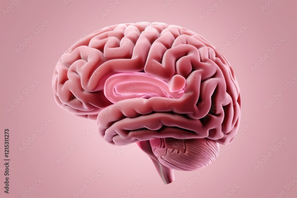 Poster detailed 3d model of a human brain, showcasing its intricate structure and complex folds.