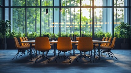 Fototapeta premium Modern office conference room, sunrise view, empty chairs, meeting preparation