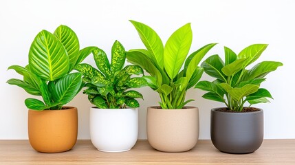 Fototapeta premium Three potted plants arranged on a wooden table for indoor decoration and natural ambiance