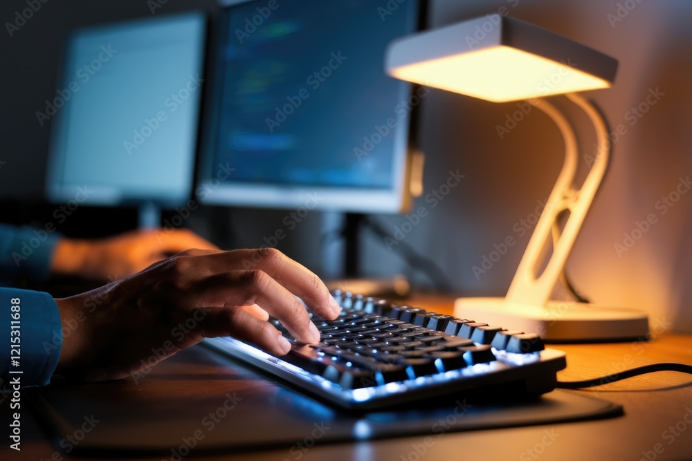Poster person typing on illuminated keyboard at night, using dual monitors, under a desk lamp.
