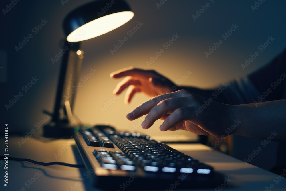Poster person typing on a keyboard illuminated by a desk lamp in a dimly lit room.