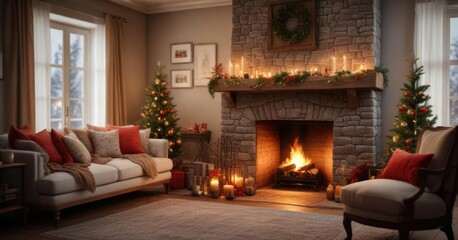 Cozy living room with a crackling fireplace and festive holiday decorations, festive, fireplace, winter wonderland