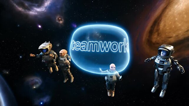 Astronauts collaborate in space promoting teamwork and unity in a cosmic adventure