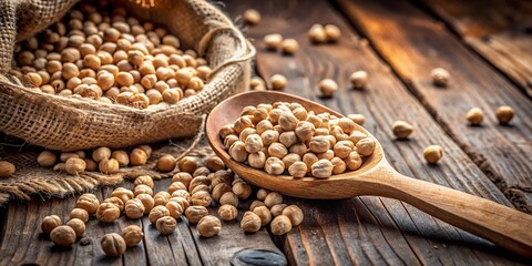 Obraz premium Rustic Still Life: Chickpeas, Wooden Spoons & Hemp Pockets