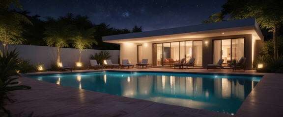 Fototapeta premium Cozy poolside retreat under the stars with soft lighting, cozy seating, romantic ambiance