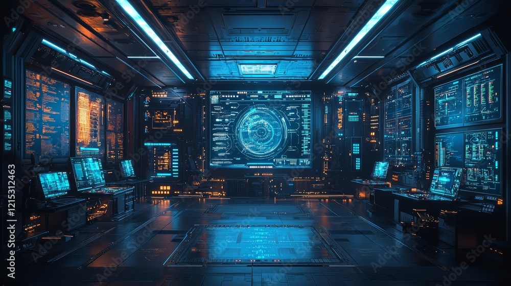 Aufkleber an open-plan office of the future equipped with ai-enhanced desks, ar screens, and a central ai hub 