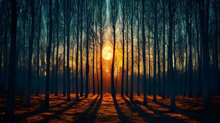 Full Moon Rising Through Dark Forest Trees
