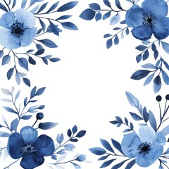 Watercolor Blue Flowers and Leaves Frame Design