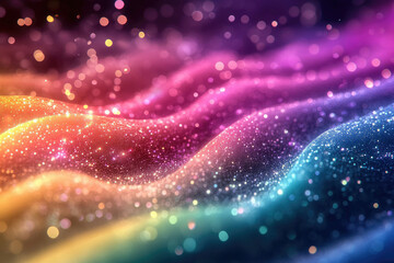 Rainbow glitter waves with sparkling bokeh lights, a vibrant and colorful abstract background.