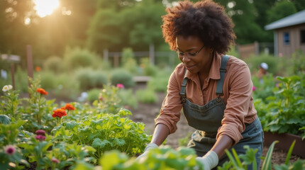 Happy african american woman enjoy working of her community garden. Inclusive, support and belonging concept