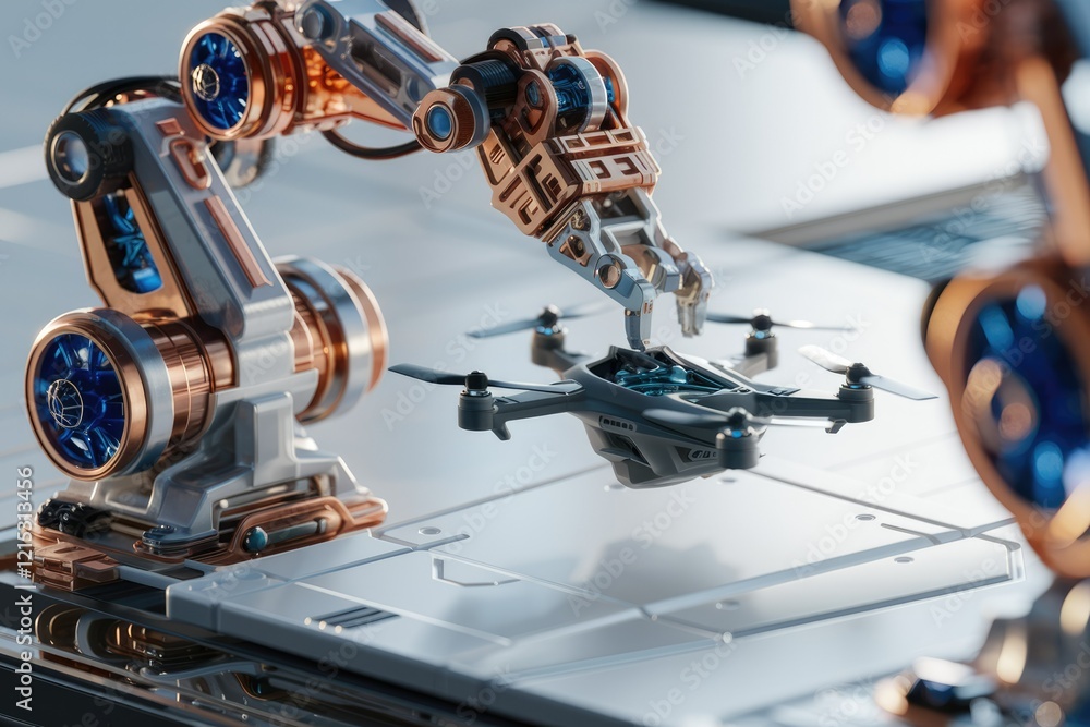 Poster a robotic arm precisely picks up a drone, showcasing advanced automation and futuristic technology.