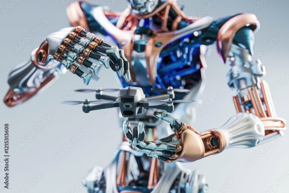 Poster A sophisticated robot delicately handles a drone, showcasing advanced robotics and AI integration.