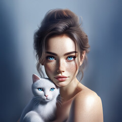 Close-up portrait of a beautiful woman with striking blue eyes and natural freckles with a white fluffy blue-eyed cat