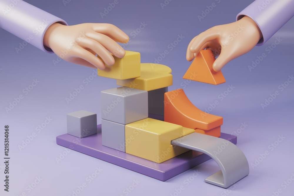 Aufkleber Two hands collaboratively build a structure using colorful blocks, symbolizing teamwork and construction.