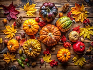 Rustic Thanksgiving Aerial: Pumpkins, Autumn Leaves & Cozy Wooden Decor