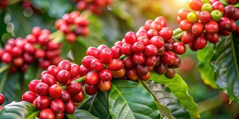 Coffee plant with bright red berries hanging from the branches, coffee plant, green leaves