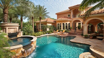 Luxury villa with pool and palm trees tropical paradise real estate outdoor oasis aerial view home serenity