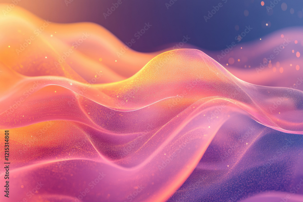 Poster Abstract wave of pink and orange hues with glittering particles, creating a dreamy, ethereal feel.