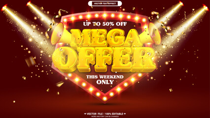 Mega offer discount up to 50% off this weekend only sale advertisement template design with 3d editable text effect 