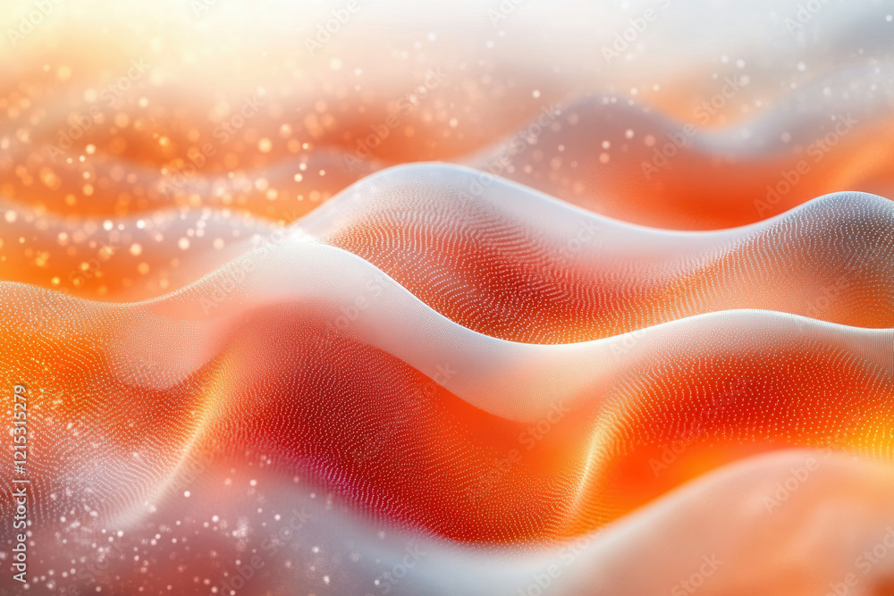 Poster Abstract orange and white wave pattern with glowing particles, creating a dynamic and futuristic digital landscape.