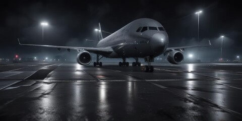 Fototapeta premium Dark runway at night with a large jetliner parked on the ground, airplane, aircraft