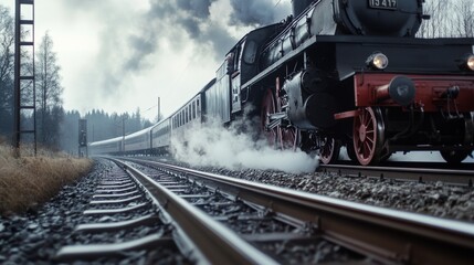 Fototapeta premium A vintage steam locomotive powers along the railway, trailing billows of smoke against an overcast sky, evoking a sense of nostalgia and adventure.