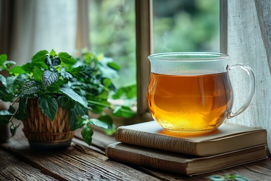Balanced lifestyle through digital detox and reduced screen time concept. A cozy scene featuring a cup of tea resting on an open book