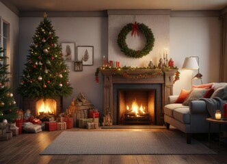 Cozy living room with Christmas decorations and fireplace, festive decorations, holiday cheer