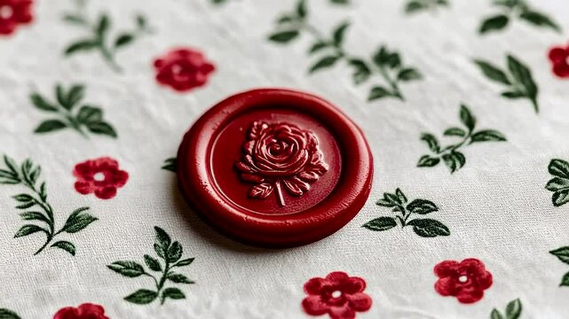A red wax seal with a rose design on floral paper, perfect for Valentine's Day or romantic correspondence