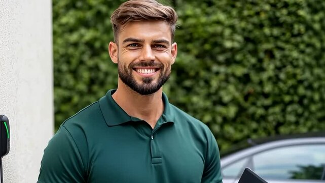 A smiling male standing outdoors beside an electric car charging station, concept of sustainability and technology