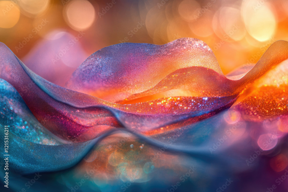 Poster abstract image of glittering fabric with vibrant, swirling colors and bokeh background.