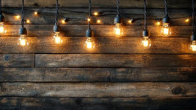 Warm string lights hanging against a rustic wooden wall.