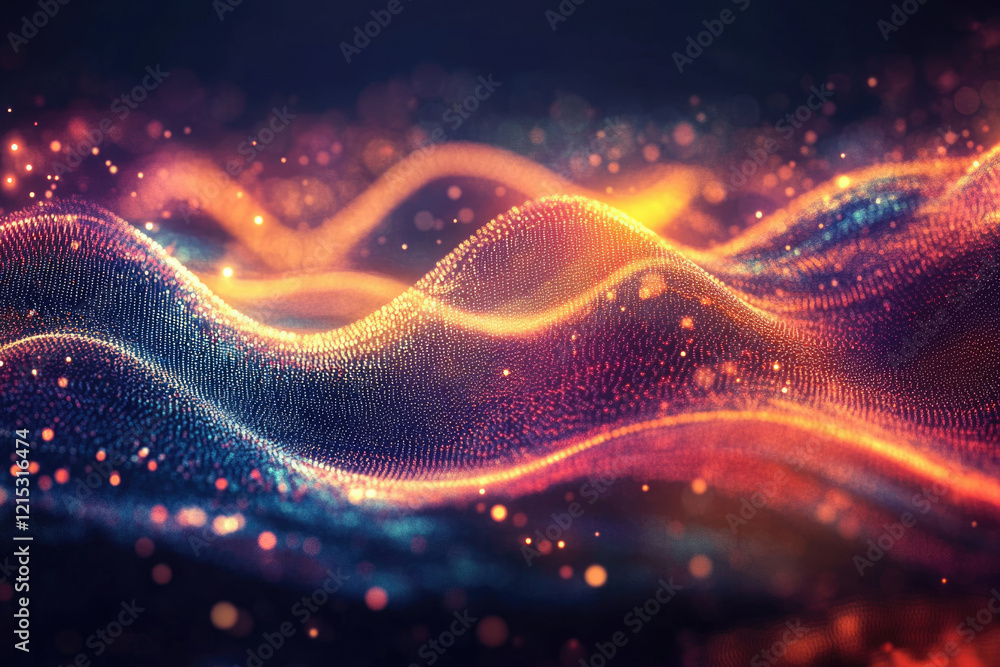 Poster abstract digital wave of glowing particles, vibrant colors and dynamic motion.