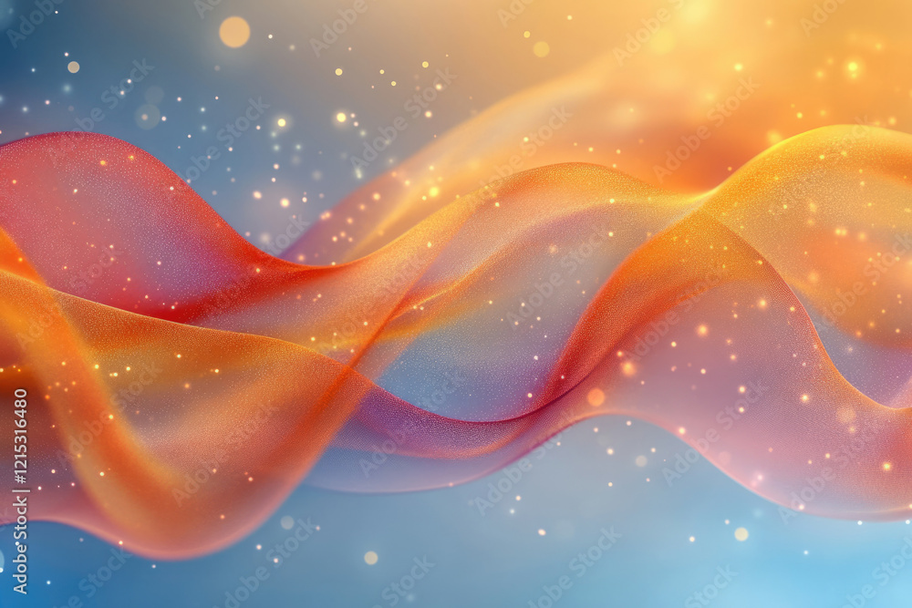 Poster Abstract golden and red flowing wave with sparkling particles on a blue background.