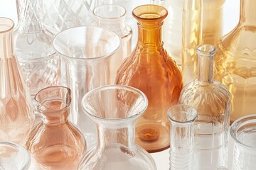 Collection of vintage glass bottles and vases in various shapes and amber and clear tones.