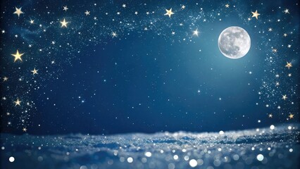 Dark blue night sky with twinkling stars and moon, surrounded by a frame of sparkling glitter bokeh, creating a magical atmosphere, starry night, bohemian chic