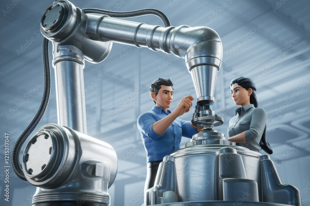Poster Two engineers collaboratively operate a robotic arm in a sophisticated industrial setting.
