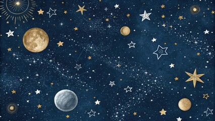 Naklejka premium Dark indigo blue background with scattered stars and celestial bodies in shades of silver and gold, conveying a sense of cosmic wonder, astronomy, magical, ethereal