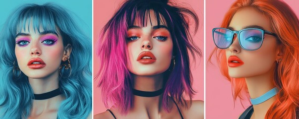 Portrait photography, fashion models, vibrant hair colors, teal blue, orange, pink hair, striking makeup, bold lipstick, intense gazes, studio lighting, triptych composition, high contrast, dramatic s