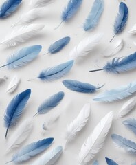 Delicate blue and white feathers scattered on a minimalist white background, feathers, abstract