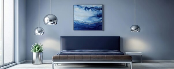 A minimalist bedroom with cool blue walls and soothing lighting